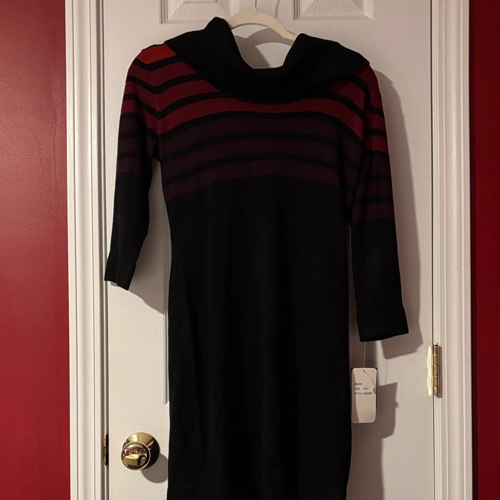 Sandra Darren Black Dress with Red and Purple Stripes
